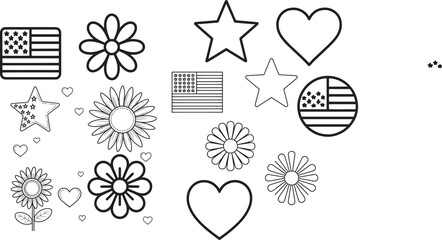 Blackand White American Flag Icons Flowers Stars Hearts Simple Line Art Graphics Design Elements vector