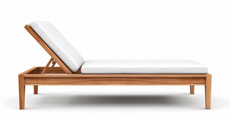 A teak outdoor chaise lounge with white cushions, isolated on a solid background