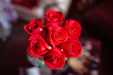 Vivid Red Roses Bouquet With Water Droplets