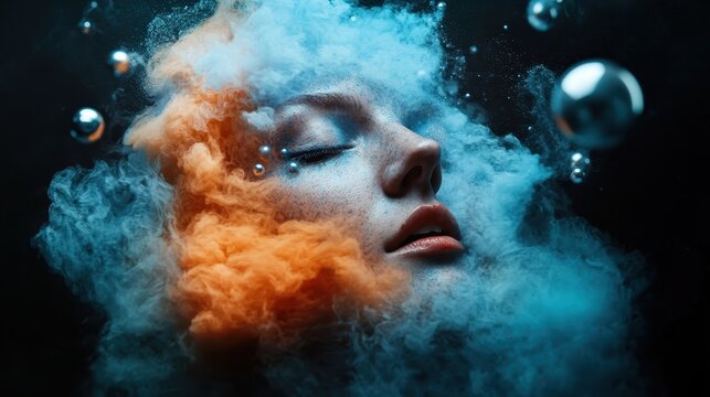A visually stunning artistic portrayal of a woman's face submerged in colorful, swirling smoke, representing tranquility and introspection in a dreamlike environment.