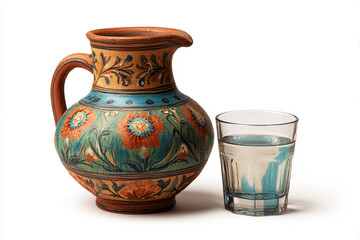 A traditional ceramic jug and a glass of water, isolated on a white background