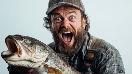 A jubilant man celebrating the catch of a sizable fish, conveying excitement and passion for fishing, with an emphasis on joy and triumph in outdoor activities.