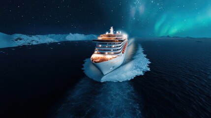 A stunning cruise ship sails through the serene ocean waters under a vivid night sky, surrounded by icy mountains and the mesmerizing auroras creating a breathtaking scene.