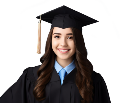 Portrait of a smiling young female college student wearing square academic cap and holding book on a transparent background