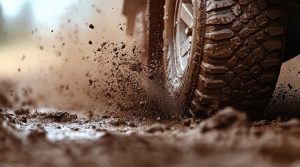 A dynamic shot capturing the intense splatter of mud from a tire, embodying the thrill and adventure of off-road driving in muddy terrains.