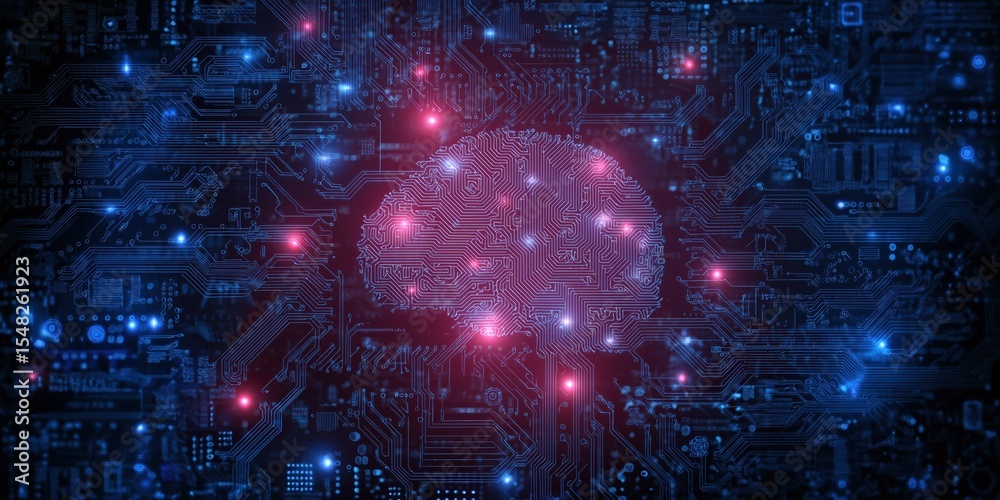 Poster digital brain circuitry: ai and neural network technology concept with glowing circuit board