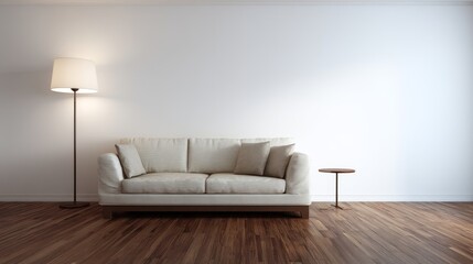 Close-up of living room with dark wooden floor, sofa, small table, minimalist tall lamp, white wall, 