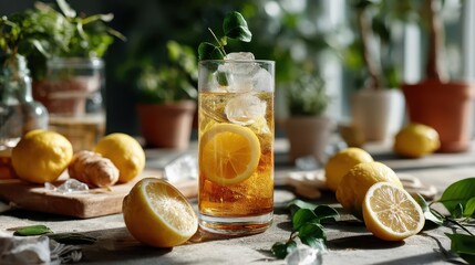 Fototapeta premium A refreshing glass of lemon drink with slices and fresh leaves set against a soft, natural background, perfect for conveying freshness and tranquility in culinary or lifestyle photography.