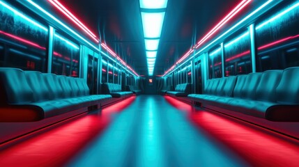 An empty subway train interior illuminated by vibrant neon lights creates a futuristic, surreal atmosphere, inviting imagination and intrigue into urban transit culture.