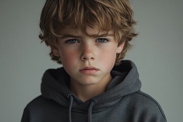 Boys expression of anger captured in a realistic portrait on a gray background showcasing his intense gaze and determined features