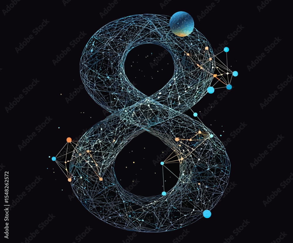 Wall mural abstract digital number eight formed by interconnected blue wireframe lines and nodes with planetary