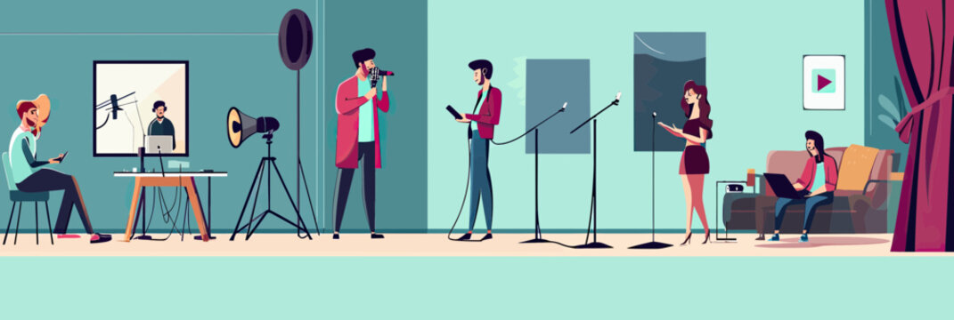 Radio studio podcast recording session with hosts speaking in microphones, audio equipment, technician mixing sound, and listener using smartphone flat vector illustration