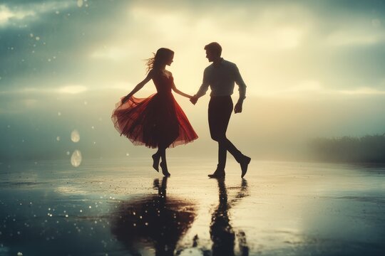Young couple joyfully dancing while holding hands on a wet surface under cloudy skies during golden hour, creating a romantic atmosphere filled with movement and excitement