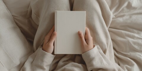 Naklejka premium Child reading a book in cozy neutral blanket setting