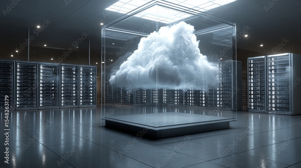 Poster cloud computing data center server room digital technology innovation modern infrastructure network 