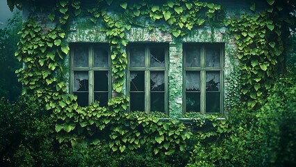 An old building, windows shrouded and overgrown with ivy, creating a mysterious and intriguing atmosphere. The scene evokes feelings of abandonment and the relentless power of nature