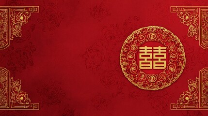 Red chinese double happiness symbol on ornamental background