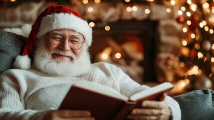 This image captures a joyful Santa Claus relaxing in a cozy setting, reading a book by a beautifully decorated fireplace, embodying the spirit of Christmas warmth and cheer.