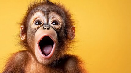 An adorable baby monkey with an expressive face yells joyfully, showcasing its playful nature against a bright yellow backdrop full of exuberance.