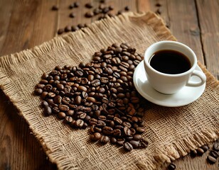 A cup of coffee and coffee beans in the shape of a heart on burlap