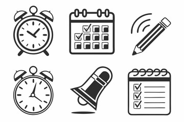 Alarm clock calendar pencil and bell isolated on white background