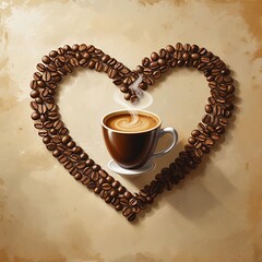 A cup of coffee and coffee beans in the shape of a heart on burlap