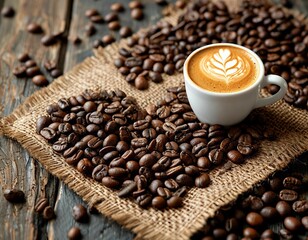A cup of coffee and coffee beans in the shape of a heart on burlap