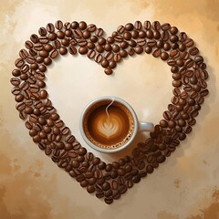 A cup of coffee and coffee beans in the shape of a heart on burlap