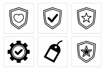 Illustrations of shields and symbols isolated on white background