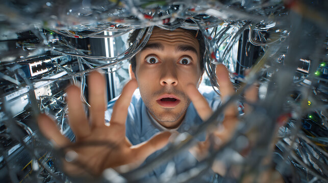 Astonished technician facing an entangled chaos of network cables inside a server cabinet.