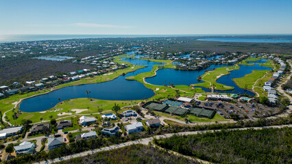 Aerial view of golf Neighborhood on sanibel island Florida on clear summer day  