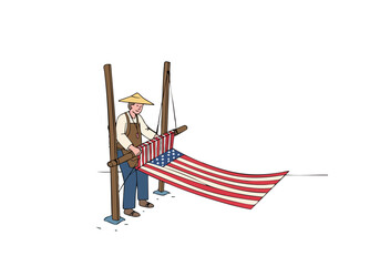 craftsman meticulously weaves an American flag showcasing pride and skill A vibrant detailed illustration evokes patriotism and heritage Suitable for diverse commercial applications