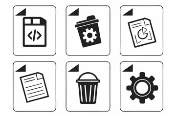 Collection of coding file trash bin and gear icons isolated on white