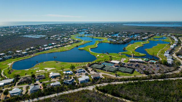 Aerial view of golf Neighborhood on sanibel island Florida on clear summer day  