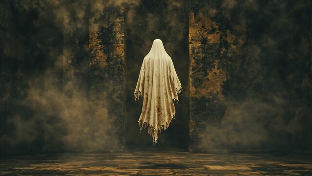 A spectral figure in a dimly lit chamber, floating in the air 