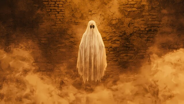 A spectral ghost floats in a smoky environment against a brick wall