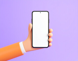 3D Cartoon hand holding smartphone isolated on purple background, Hand using mobile phone mockup. 3d render illustration