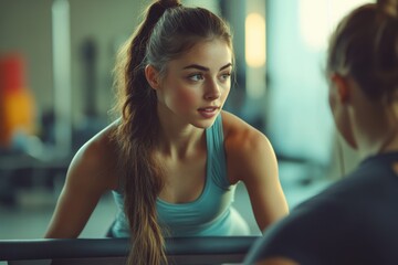 Young sporty female instructor guides Pilates class participants to improve their form and achieve fitness goals during morning session at a modern gym facility