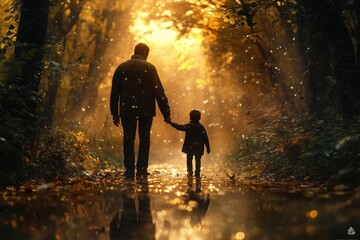 Fototapeta premium Child and parent enjoy a warm autumn stroll while holding hands in a serene forest setting with sunlight filtering through vibrant yellow leaves