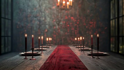 An atmospheric table setting with lit candles, creating a sense of drama and elegance. The scene is bathed in a warm, inviting glow, suggesting an exclusive event or private dining experience.