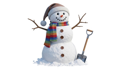 Isolated Snowman with Scarf and Shovel
