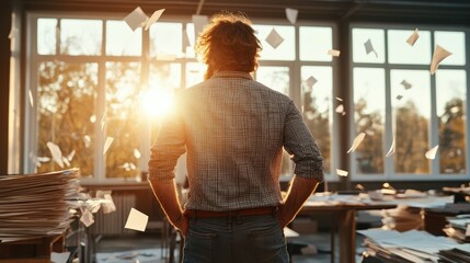Fototapeta premium A thoughtful man stands surrounded by flying papers in a sunlit room, symbolizing creativity, chaos, and the drive for innovation in a bustling work environment.