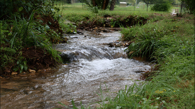 Fototapeta Water flowing across an Acre, A large land unit. through a small ditch or stream.