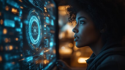 Close-up of a woman interacting with an AI interface featuring a glowing face and data streams.