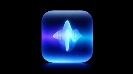 Glowing audio wave icon with blue neon ripple on black background
