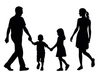 Silhouette of a Family Walking Together Holding Hands on White Background