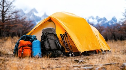 A bright yellow camping tent set against majestic mountains, accompanied by colorful backpacks and hiking gear, inviting adventure and exploration in nature's breathtaking landscape.