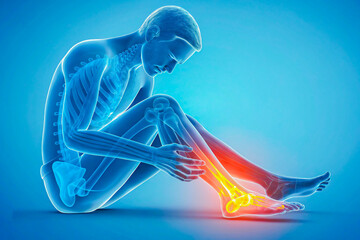 2D illustration human body with x ray , Ankle Pain 3D X-Ray Concept – Human Foot Bone Injury Medical Illustration