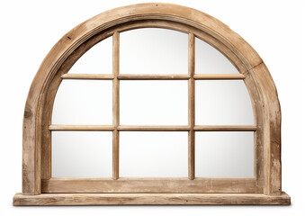 Obraz premium An arched wooden window with double-glazed panes against a white background