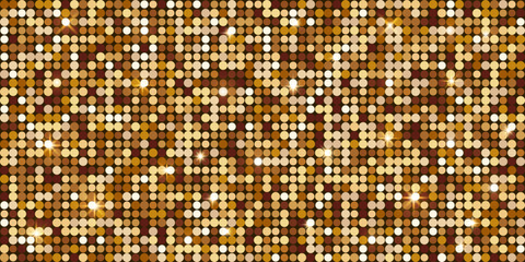 Horizontal luxury premium golden Shiny Disco Light Background with glitter, sparkles and glares. Abstract Glowing Sequin Wall. Empty Polka dot gold background. Festive, elegant, New Year vector EPS10